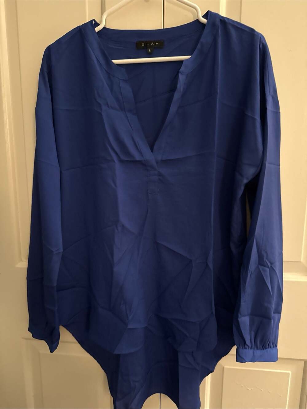 GLAM Women's Royal Blue V-Neck High-Low Long Sleeve Blouse Size L